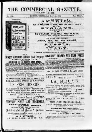 cover page of Commercial Gazette (London) published on May 22, 1889