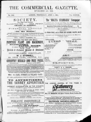 cover page of Commercial Gazette (London) published on April 1, 1891