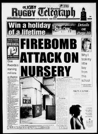 cover page of Rugby Evening Telegraph published on August 2, 1994