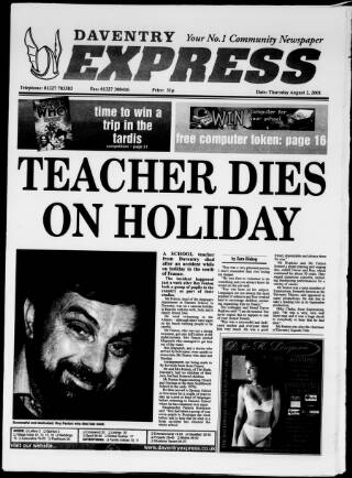 cover page of Daventry and District Weekly Express published on August 2, 2001