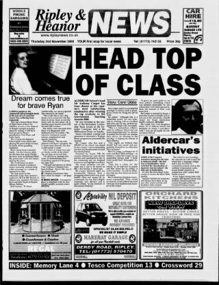 cover page of Ripley and Heanor News and Ilkeston Division Free Press published on November 2, 2000