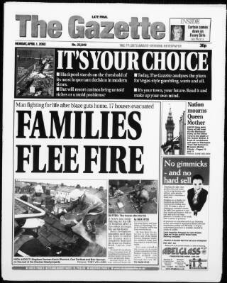 cover page of West Lancashire Evening Gazette published on April 1, 2002