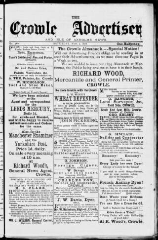 cover page of Crowle Advertiser and Isle of Axholme News published on November 2, 1878