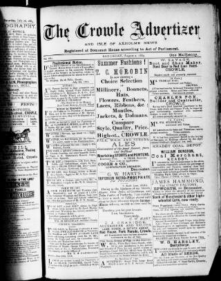 cover page of Crowle Advertiser and Isle of Axholme News published on August 2, 1884