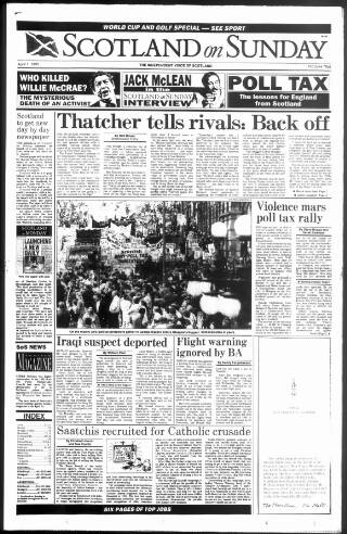 cover page of Scotland on Sunday published on April 1, 1990