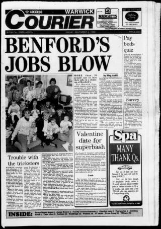 cover page of Warwick Courier published on November 2, 1990