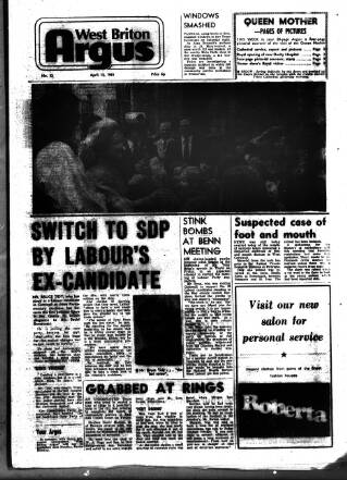 cover page of West Briton Argus published on April 13, 1981