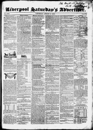 cover page of Liverpool Saturday's Advertiser published on August 2, 1828