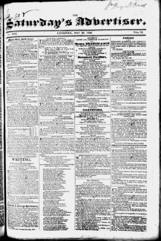 cover page of Liverpool Saturday's Advertiser published on May 22, 1830