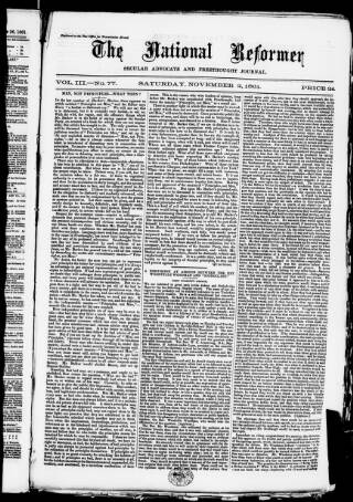 cover page of National Reformer published on November 2, 1861
