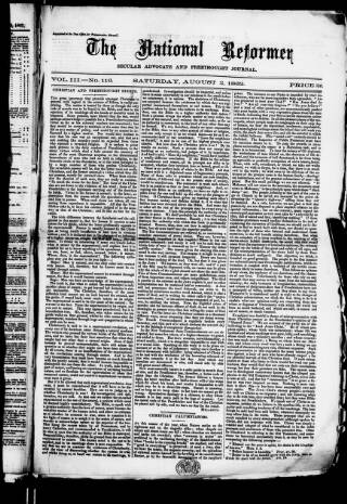 cover page of National Reformer published on August 2, 1862