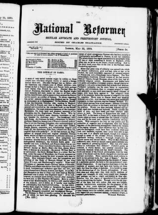 cover page of National Reformer published on May 22, 1870