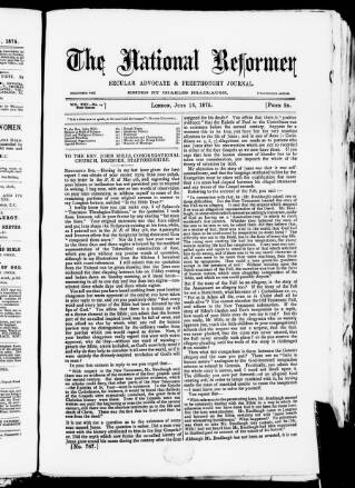 cover page of National Reformer published on June 13, 1875