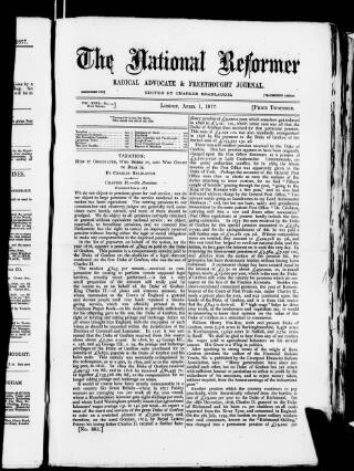 cover page of National Reformer published on April 1, 1877