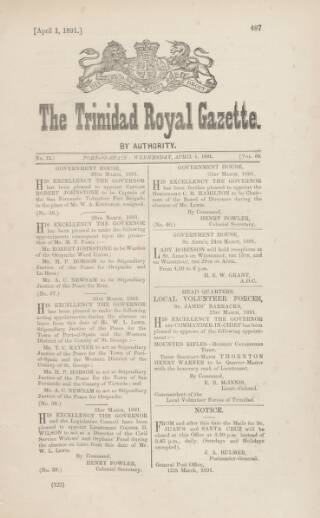 cover page of Trinidad Royal Gazette published on April 1, 1891