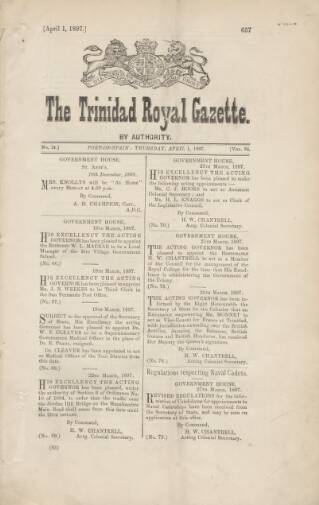 cover page of Trinidad Royal Gazette published on April 1, 1897