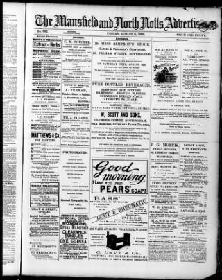 cover page of Mansfield and North Notts Advertiser published on August 2, 1889