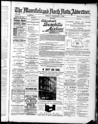cover page of Mansfield and North Notts Advertiser published on November 8, 1889