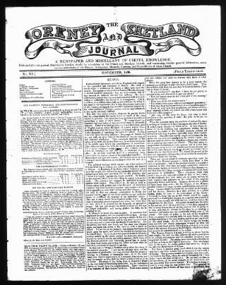 cover page of Orkney and Shetland Journal published on November 1, 1838