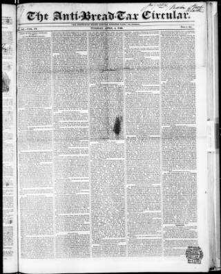 cover page of Anti Corn-Law Circular published on April 4, 1843