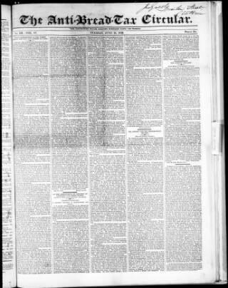 cover page of Anti Corn-Law Circular published on June 13, 1843