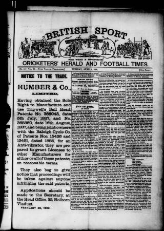 cover page of Cricketers' Herald, Athletic & Football Times published on April 2, 1889
