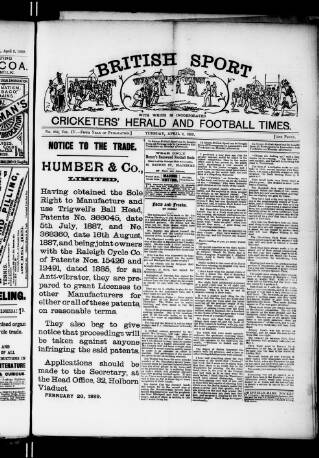 cover page of Cricketers' Herald, Athletic & Football Times published on April 9, 1889