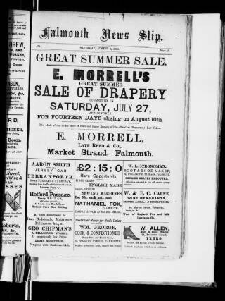 cover page of Falmouth News Slip published on August 3, 1889