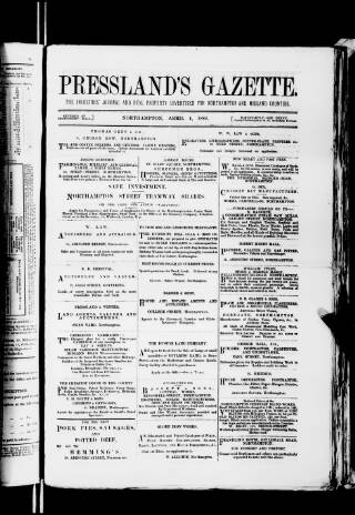 cover page of Pressland's Gazette published on April 4, 1882