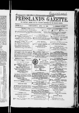 cover page of Pressland's Gazette published on April 18, 1882