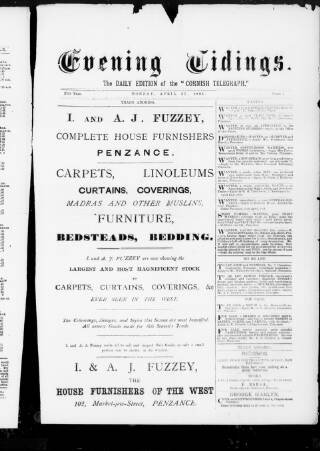 cover page of Cornish Evening Tidings published on April 27, 1891