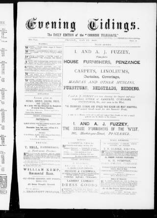 cover page of Cornish Evening Tidings published on May 22, 1891