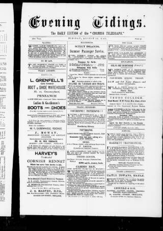 cover page of Cornish Evening Tidings published on August 25, 1891