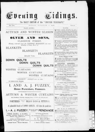 cover page of Cornish Evening Tidings published on November 2, 1891