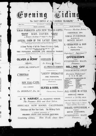 cover page of Cornish Evening Tidings published on December 21, 1891