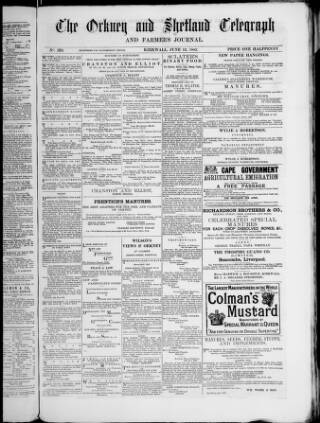 cover page of Orkney & Shetland Telegraph published on June 13, 1882