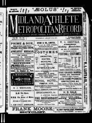 cover page of Midland Athlete published on August 24, 1881