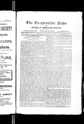 cover page of Co-operative News published on August 27, 1887