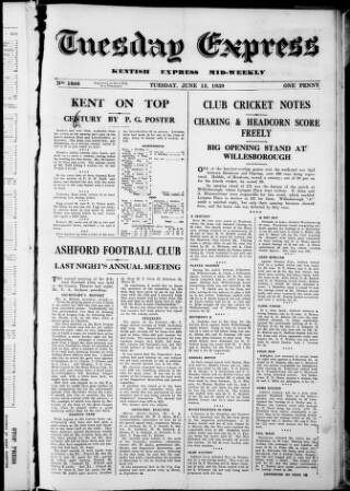 cover page of Tuesday Express published on June 13, 1939