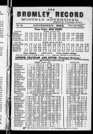 cover page of Bromley Record and Monthly Advertiser published on November 1, 1862