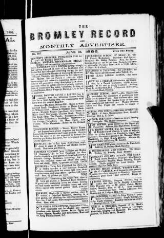 cover page of Bromley Record and Monthly Advertiser published on June 1, 1886