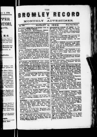 cover page of Bromley Record and Monthly Advertiser published on August 1, 1886