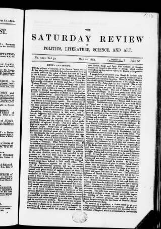 cover page of Saturday Review of Politics, Literature, Science and Art published on May 22, 1875