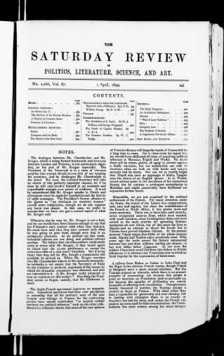 cover page of Saturday Review of Politics, Literature, Science and Art published on April 1, 1899