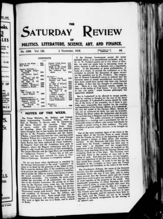 cover page of Saturday Review of Politics, Literature, Science and Art published on November 2, 1918