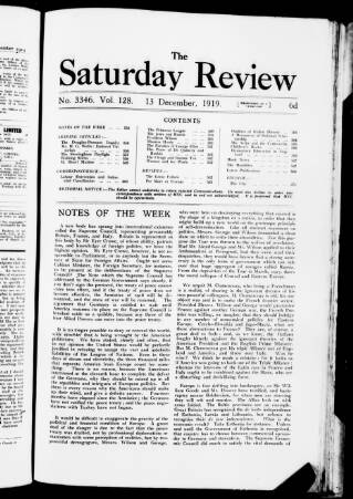 cover page of Saturday Review of Politics, Literature, Science and Art published on December 13, 1919