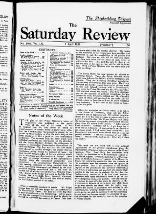 cover page of Saturday Review of Politics, Literature, Science and Art published on April 1, 1922