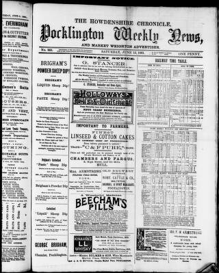 cover page of Howdenshire Chronicle published on June 13, 1891