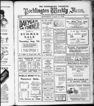 cover page of Howdenshire Chronicle published on August 2, 1930