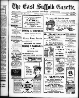 cover page of East Suffolk Gazette published on May 22, 1923